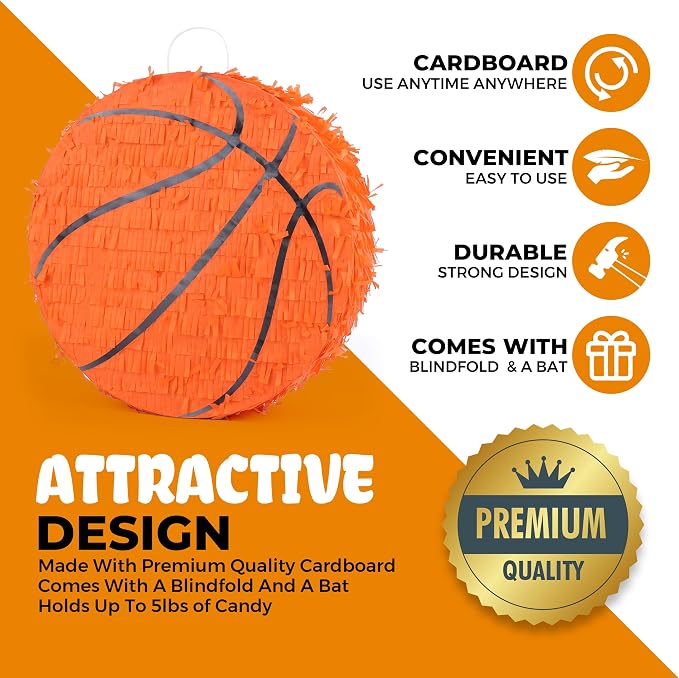 Basketball Pinata Bundle with a Blindfold and Bat(13 x 13 x 4 Inches),Soccer Ball Pinata for Birthday Party Boys, Perfect for Birthday Party, Sport Theme Party, Decoration