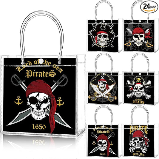 Teenyyou 24 Pcs Pirate Party Favor Bags Pirate Clear PVC Goodie Treat Tote Gift Bags with Handles Theme Birthday Party Supplies