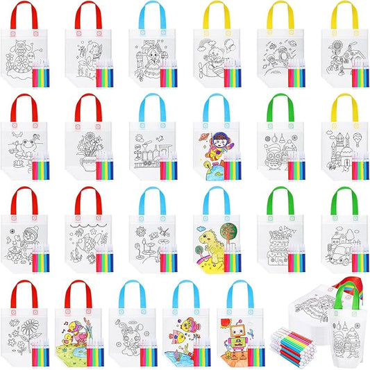 Chunful 24 Pcs Coloring Goodie Gift Bags for Kids Birthday Party with 120 Makers, Reusable Coloring Tote Bags Cute Cartoon Party Favor Non Woven with Colorful Pens DIY Crafts (Lovely with Maker)