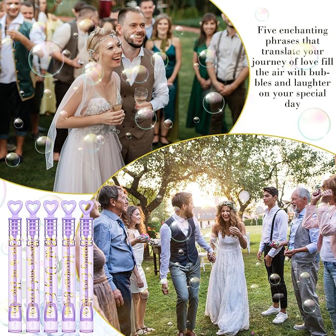 Hollowfly 60 Pack Purple Gold Lavender Wedding Mini Bubble Wands for a Wedding Bulk Heart Bubble for Guests Send Off Wand Adults Bridal Exit Shower Party Supplies Valentine Anniversaries Celebration