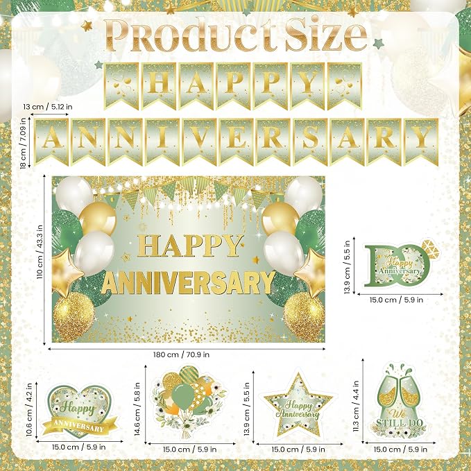 First Wedding Anniversary Decorations, Sage Green Happy Anniversary Banner Anniversary Honeycomb Centerpieces Wedding Party Backdrop for Marriage Celebrations Surprise Events Party Supplies