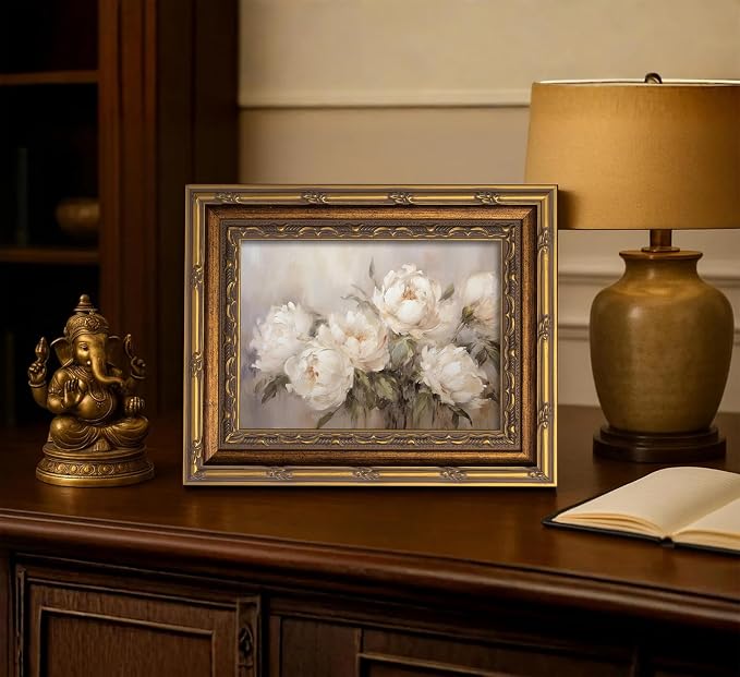 Vintage Gold Framed Vintage Flower Wall Art Retro White Floral Wall Decor Retro Peony Artwork Picture for Home Living Bedroom Farmhouse Hallway
