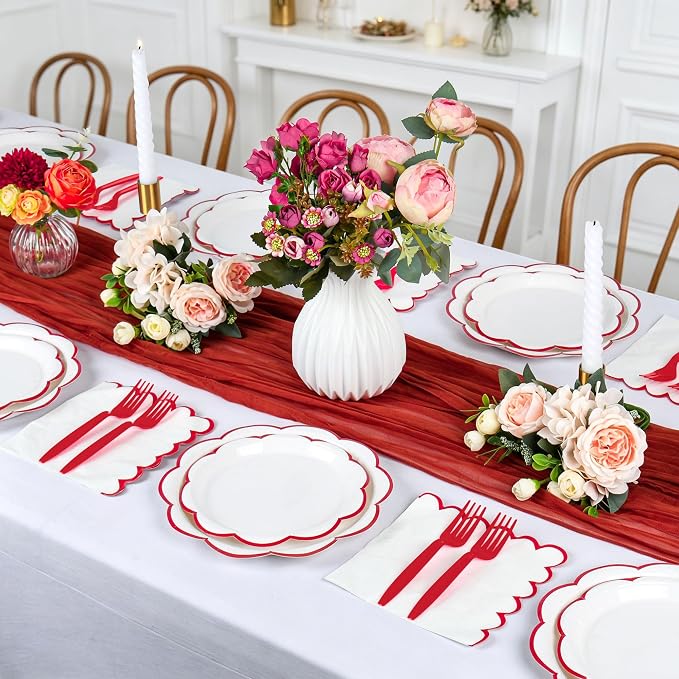 96 Pcs Red and White Paper Plates and Napkins Set, Tableware set for 24 Guest include White Dessert Plates with Red Scalloped Edge, Napkins and Forks for 4th of July, Baby Shower, Wedding, Birthday