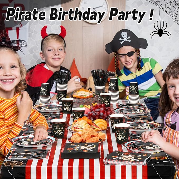 Potchen 452 Pcs Party Supplies Serve 50 Guests, Paper Plates Napkins Cups Cutlery Plastic Tablecloth Dinnerware for Birthday Wedding Party Decoration(Red Black, Pirate)