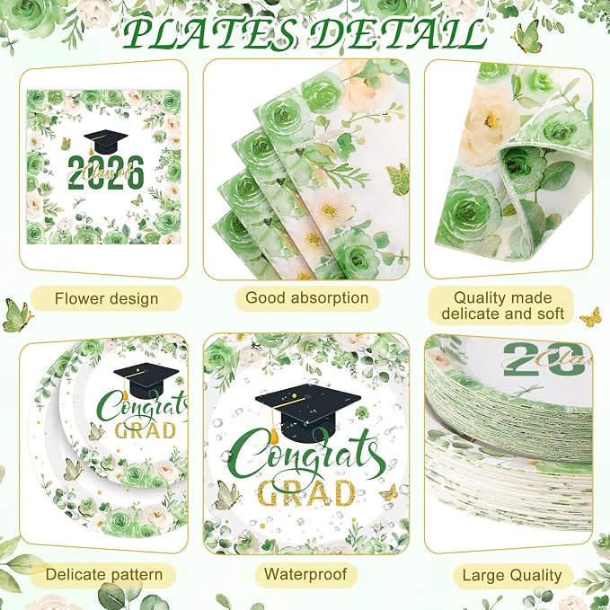 Funnymoom 452 Pcs Class of 2026 Green Gold Floral Graduation Decoration for 50, Sage Green Congrats Grad Paper Plates Napkins Cup Tablecloth Cutlery Straw for Graduated Decoration Party Supply