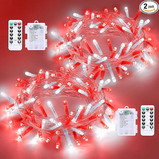 QITONG 2 Pack Battery Operated String Lights, Each 33ft 100 LED Red and White Christmas Lights Outdoor Waterproof, 8 Modes Clear Wire Twinkle Fairy Lights Indoor with Remote