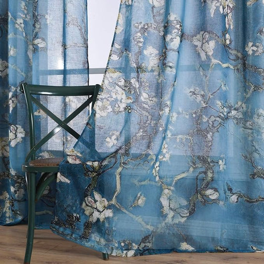Taisier Home Chinese Style Plum Blossom Sheer Curtain Artistic Print Curtains 72 Inches Long for Living Room,Personalized Pattern Curtains 2 Panels Set（Grommet Top Style）