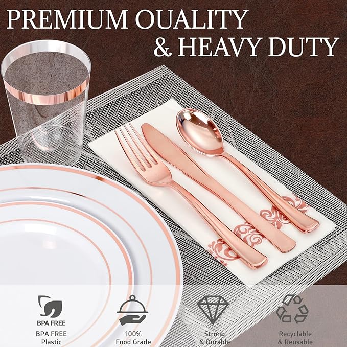 Supernal 200pcs Rose Gold Plastic Dinnerware included Disposable Flatware& Plastic Party Plates Disaposable Cups and Napkins,Perfect for Valentine's Day Mother's Day and Easter