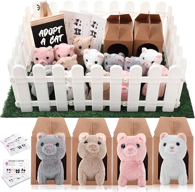 Blueweenly 84 Pcs Adopt a Pet Party Supplies 24 Mini Animals 10 White Plastic Fence 24 Paper Gift Boxes 24 Adoption Cards with Mini Chalkboard and Artificial Lawn(Cat)