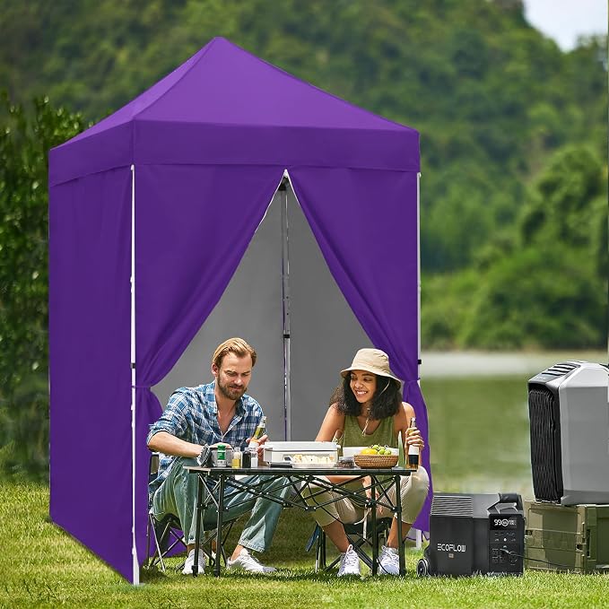 5x5 Pop Up Canopy Tent with Four Sidewalls, Instant Portable Beach Canopy, Outdoor Tent with Carry Bag for Camping, Sports, Tailgating, Events, Purple