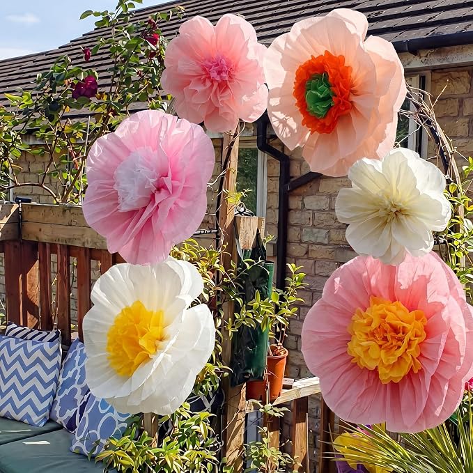 Giegxin 6 Pcs 14'', 9'' Pastel Large Paper Flowers for Wall Decorations Pink Tissue Crepe Flowers Pastel Party Decorations Floral for Classroom Wedding Baby Shower Birthday Tea Party Art Backdrop