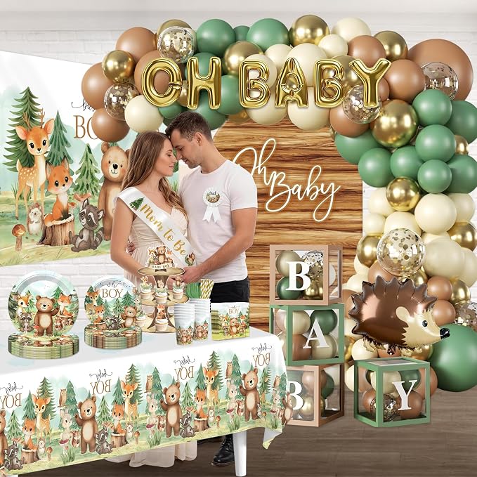 254Pcs Woodland Baby Shower Decorations, All-in-one Baby Boy Woodland Forest Animals Party Set with Plates, 2 Tablecloths, Cupcake Stand Woodland Theme Baby Shower Decorations