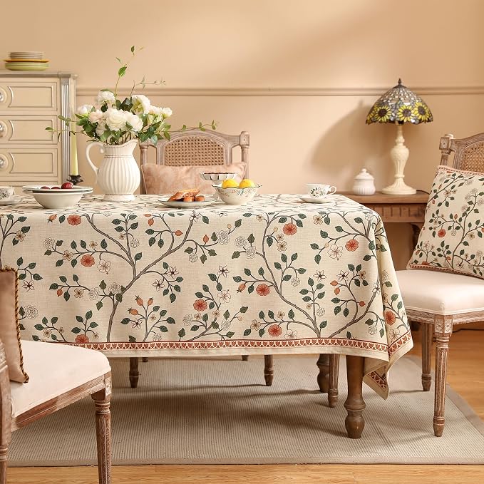 ISAENNE Vintage French Linen Rectangular Tablecloth,110"x63"-Flora A | Designer Elegant Floral Long Table Cloth Rectangle Table,Beautiful,Decoration,Dining Room,Tea Party,Kitchen,Thanksgiving