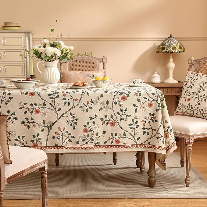 ISAENNE Vintage French Linen Rectangular Tablecloth,118"x67"-Flora A | Designer Elegant Floral Extra Long Table Cloth Rectangle Table,Beautiful,Durable,Dining,Tea Party,Kitchen,Thanksgiving