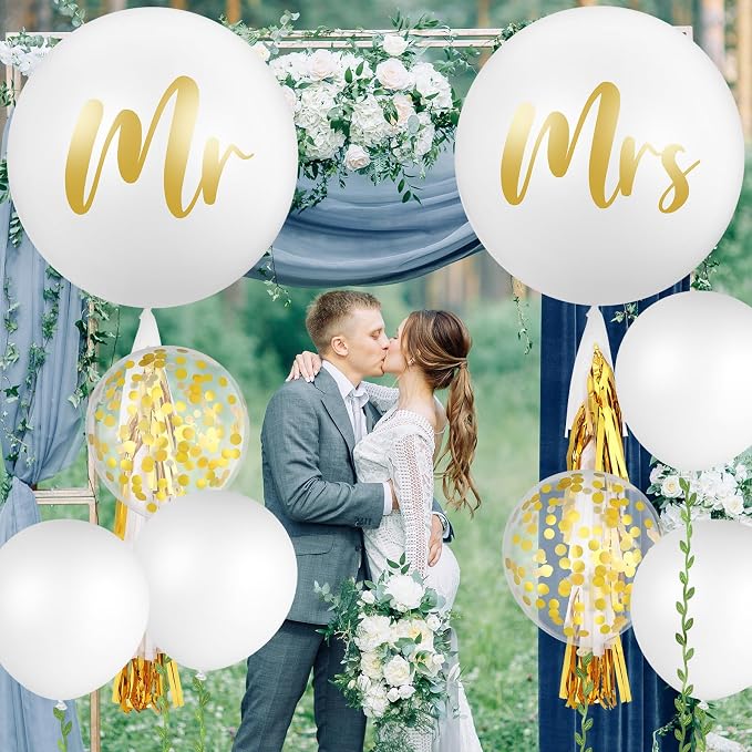 Wettarn 15 Pcs Giant Wedding Decor Kit 36 Inch Jumbo White Mr. Mrs. Balloons with Paper Tassel 24 Inch White Large Married Balloons with 65ft Leaf Ribbon for Wedding Engagement Party Decorations