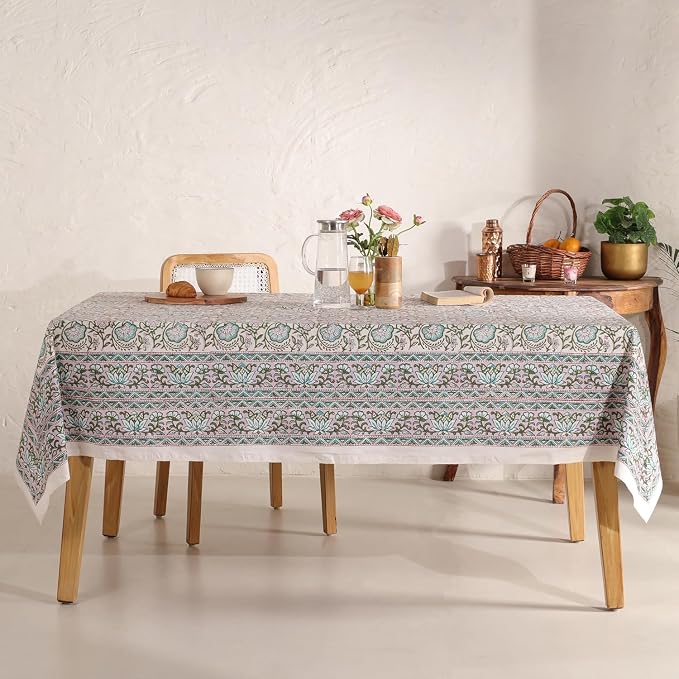 Hand Block Printed Tablecloth, Colorful Floral Print, Indian Artisan Handmade Art, Dining Room, Kitchen, Outdoor Décor, (Rosy Dawn Delight, 8 Seater 72 x 108 Inches Rectangle)