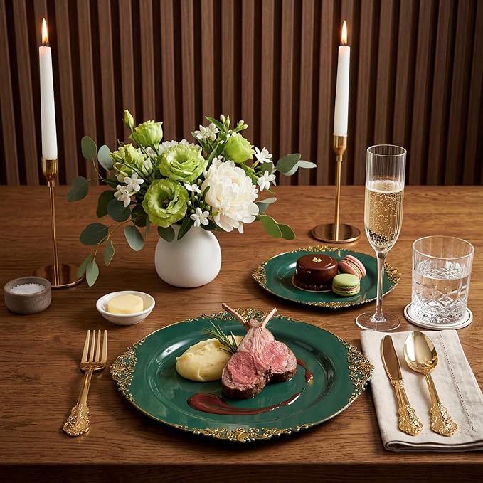 102PCS Green Plastic Plates - Green and Gold Plates - Fancy Heavy Duty Disposable Plate - Heavyweight Dinner & Dessert Plate for 51 Guests for Spring Party & Wedding