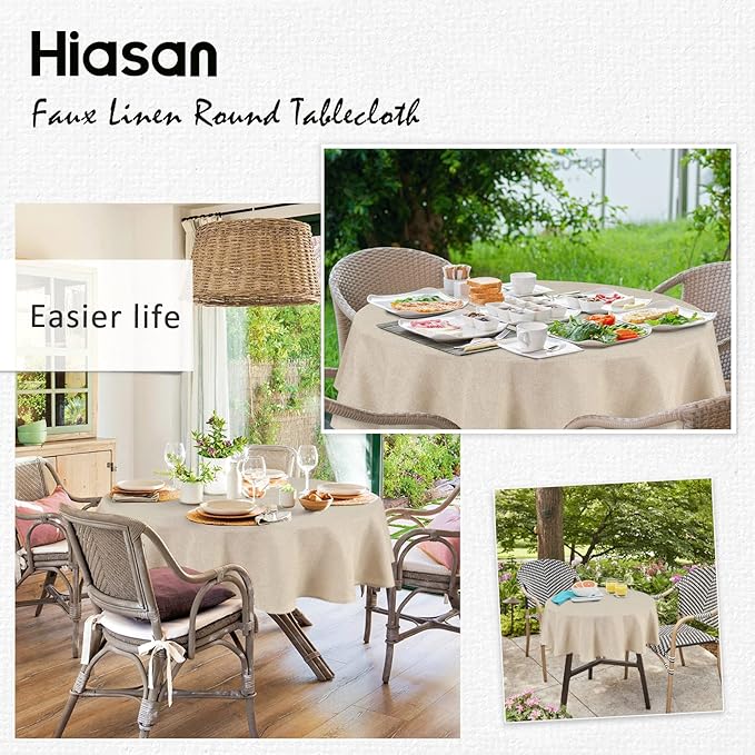 Hiasan Round Tablecloth Faux Linen Farmhous Beige Table Cloth - Wrinkle and Stain Resistant Decorative Table Cover for Dining Kitchen Party Outdoor, 84 Inch Round