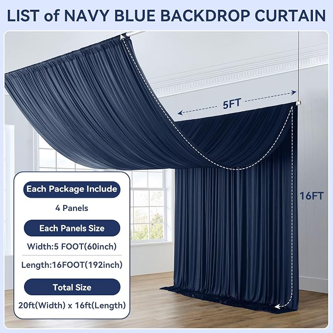 20x16ft Navy Blue Backdrop Curtain for Party, 4 Panels Wrinkle Free 16 Foot Long Polyester Photo Backdrop Drapes Photography Background for Wedding Birthday Gathing