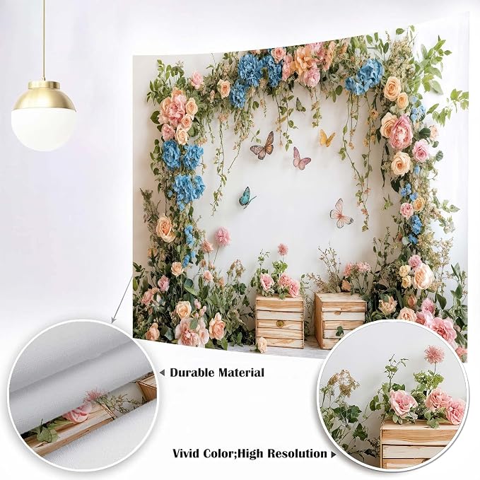 10X6.5ft Flower Butterfly Birthday Backdrop Spring Colorful Scenic Floral Flowers Wall Photography Backdrops Butterfly Fairy Tale Wedding Decoration Kids Birthday Party Background Photoshot