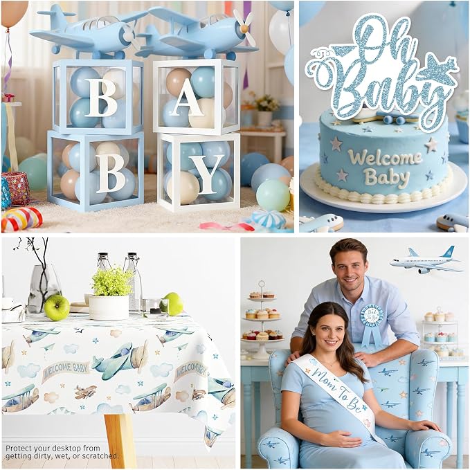 cocomigo Airplane Baby Shower Decorations for 25 Guests, 288PCS All-in-One Blue Baby Shower Decorations Boy Set with Banner, Balloon, Plates, Backdrop Cupcake Toppers & Centerpieces, Easy Setup