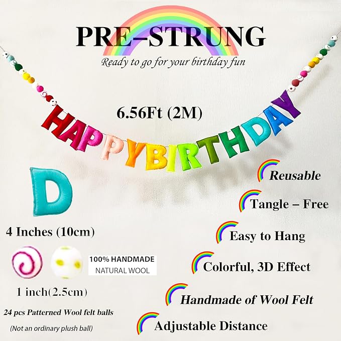 Pre-Strung Happy Birthday Banner - Felt Ball Garland - Reusable HAPPY BIRTHDAY Garland, Rainbow Party Decorations, Personalized Holiday Sign for Party Decor, Kids Room Decor, Photo Prop (Rainbow)
