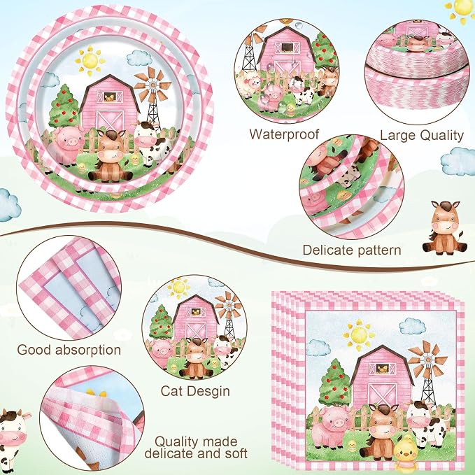 Funnymoom 250 Pcs Farm Animals Themed Party Decorations Barn Animal Paper Plates Cups and Napkins Disposable Pink Barnyard Farm Tableware Set for Birthday Baby Shower Party Supplies, Serves 50