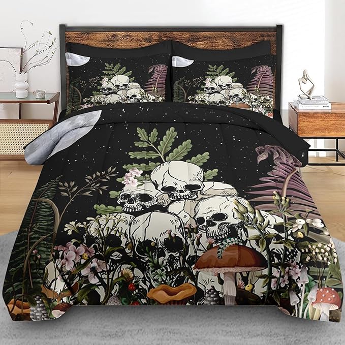 Pamnest Comforter Set King Size, Mushroom Plant 7 Pcs Bedding for Kids and Adults, Skeleton Spooky Retro Bed Sheet Sets with Fitted Sheet 2 Pillowcases & 2 Shams for Bedroom Bed Decor