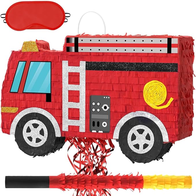 WERNNSAI Fire Truck Piñata - Firetruck Birthday Decorations Piñata for Boys Kids Firefighter Truck Theme Birthday Party Game Decorations Bundle with Blindfold and Bat