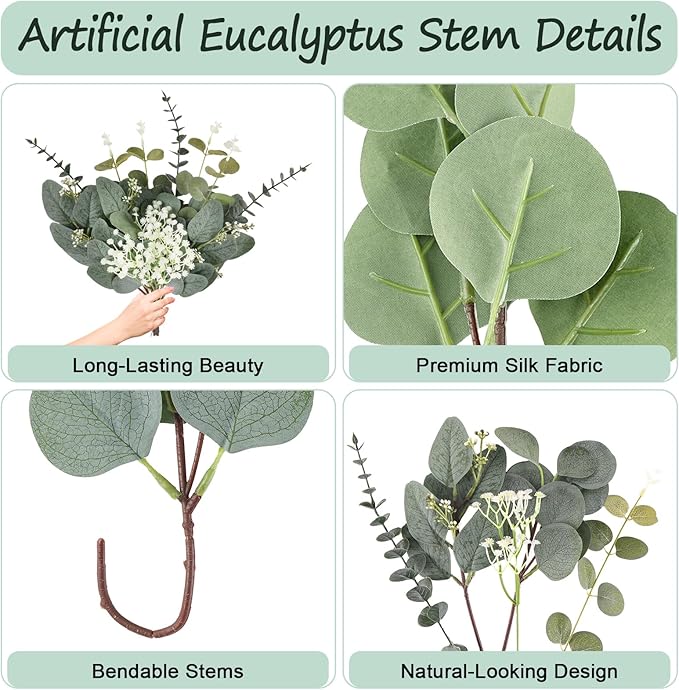Consevisen 120 Pcs Eucalyptus Stems Artificial Flowers, 5 Kinds Mixed Faux Eucalyptus Leaves Greenery Stems Bulk for Wedding Bouquet, Table Centerpieces, Vase Floral Arrangements, Farmhouse Home Decor