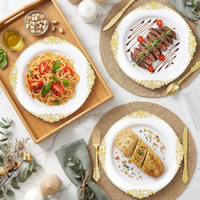 102PCS White and Gold Plastic Plates - Heavy Duty Gold Disposable Plates Include 51PCS 7.5inch Dessert Plates, 51PCS 10.25inch Dinner Plates for Wedding & Parties