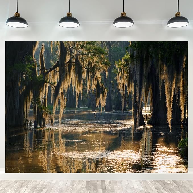 Swamp Landscape Backdrop Bald Cypress Trees and Spanish Moss Rainforest Photography Background Party Photo Booth Props, 12x8FT