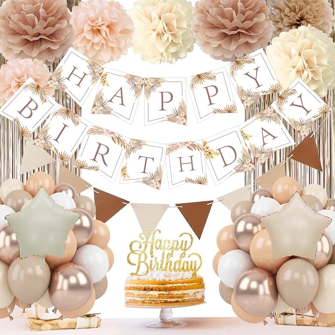 Birthday Decorations for Women - Beige Cream Neutral Balloons, Happy Birthday Decorations, Boho Party Banner