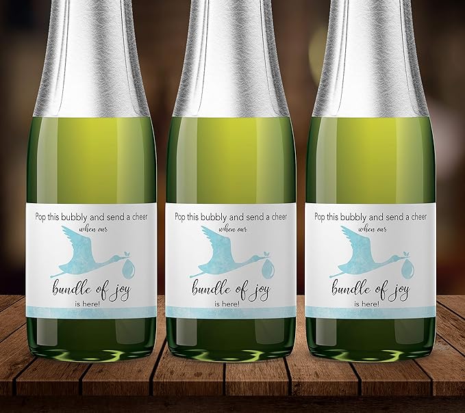 Baby BOY Baby Shower Mini Champagne Labels - She’s About to POP Mini Champagne Bottle Labels ● Set of 12 ● Thank You for Celebrating with us - Blue Stork Bundle of Joy Favors Waterproof M101-STORK-12