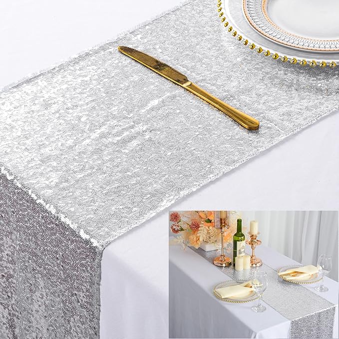 ShinyBeauty Sequin Table Runner 12x108-Inch-Silver-1Pack Table Runners 12inx108in Silver Pack of 1 Elegant Wedding Party Decor (1, Silver)