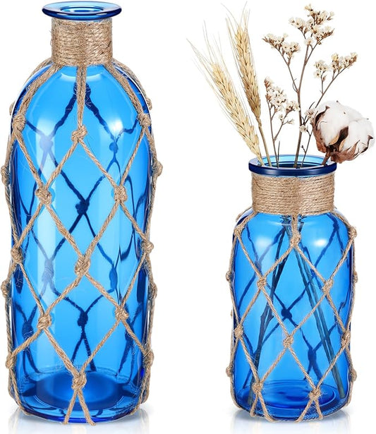 Chuangdi Set of 2 Coastal Glass Vases for Flowers TSITP Flower Vase with Boho Rope Small Sea Glass Jar Nautical Beach Bottle for Wedding Table Centerpieces Floral Arrangement Decor(Cobalt Blue)