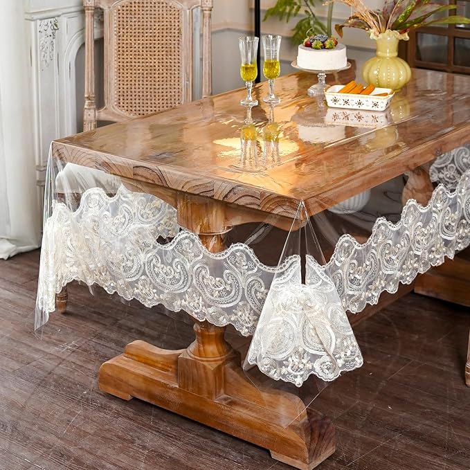 ARTABLE Vinyl PVC Rectangle Tablecloth Waterproof Clear Table Cover with Champagne Lace Macrame Border for Wedding Kitchen Home Outdoor Indoor Holidays Party Decor (Beige, 60 x 84 Inch)