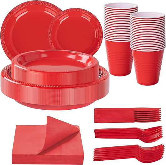 WELLIFE 210 PCS Red Plastic Plates for 30 Guests - Disposable Dinnerware Set Including Dinner Plates, Dessert Plates, 12oz Cups, Cutlery & Napkins, Red Disposable Plates for Valentines