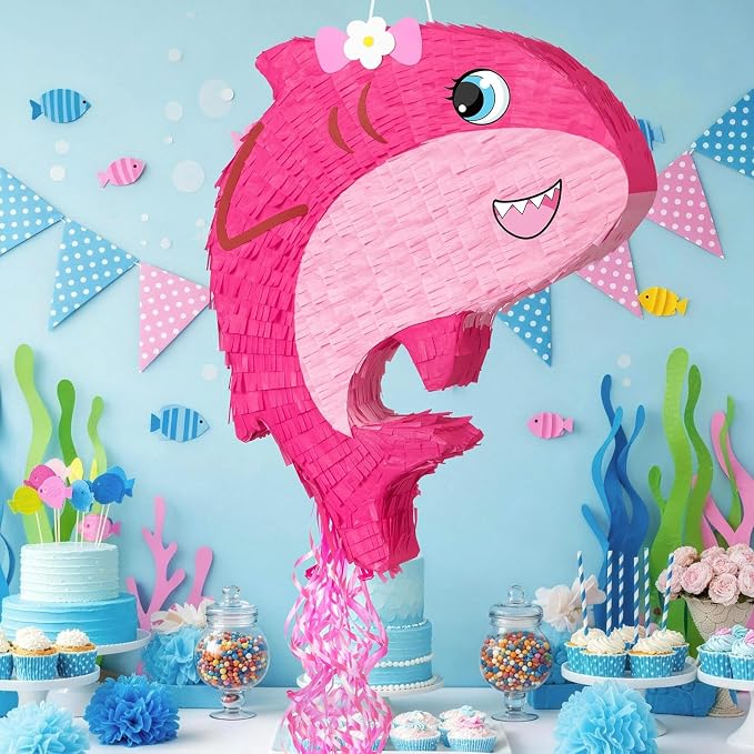 WERNNSAI Pink Shark Piñata - Girl Shark Party Piñata Game Ocean Birthday Decor Baby Shower Party Favors Under the Sea Classroom Decor Home Family Fun with Blindfold Bat