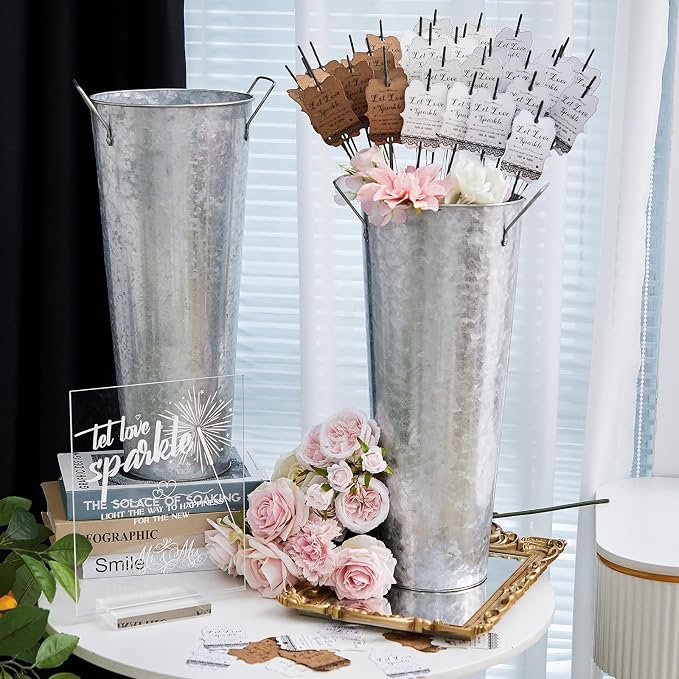Henoyso 153 Pcs Wedding Send Off Set, 150 Lace Wedding Tags, 2 Pack 17.7 Inch Galvanized Metal Buckets, 1 Acrylic Send Off Sign with Stand for Party Decorations(Silver)
