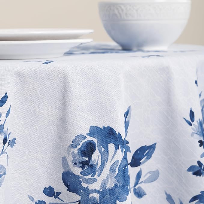Maison d' Hermine Table Cloth Round Table 100% Cotton 63 Round Inches Tablecloth Reusable Decorative for Dining Kitchen Room Farmhouse Party Home Hotel Restaurant Spring Summer - Rose Garden - Blue