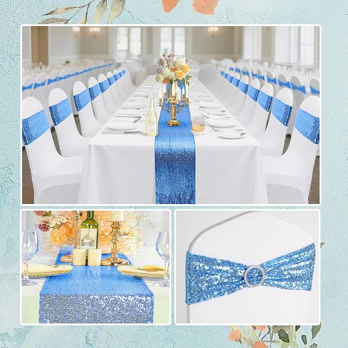 54 Pieces of Blue Sequin Chair Ribbons and Table Runners, 48 Sequin Chair Bows, 6 Glitter Table Runners, Suitable for Wedding Parties Birthday Meeting Events Decorations (Blue)