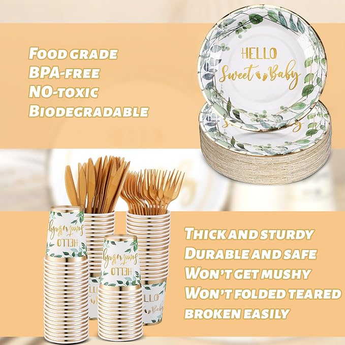 400 Pcs Baby Gender Reveal Plates and Cups and Napkins Sets with Forks Spoon Party Supplies Baby Shower Paper Tableware Gender Reveal Decorations Disposable Cutlery, Serves 50(Green White,Hello Sweet)
