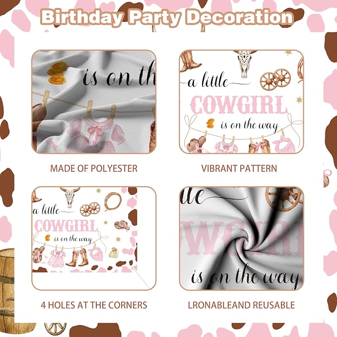 Cowgirl Baby Shower Decorations for Girl - Western Theme Party Supplies Include Balloon Garland Arch Kit, Backdrop, Tablecloth, 4 Boxes, Horseshoe Foil Balloon - A Little Cowgirl is on the Way Pink