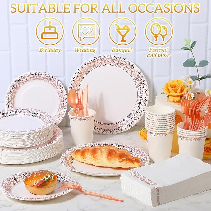 Didaey 700 Pcs Disposable Dinnerware Set for 100 Guests Include 200 Paper Plates, 300 Plastic Silverware, 100 Paper Cups, 100 Napkins for Wedding Birthday Party Supplies (White Rose Gold Pattern)