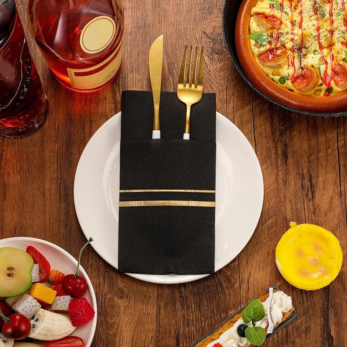 Roshtia 50 Pack Dinner Napkins Disposable Linen Feel Dinner Napkins with Built-in Flatware Pocket Gold Trim Lined Pre Folded Paper for Wedding Party (Black,Gold)