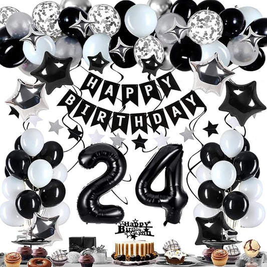 24th Birthday Decorations for Men Women, Black White and Silver Happy 24 Party Decor Set with 24 Number Foil Balloons, Banner, Cake Topper for Him Her