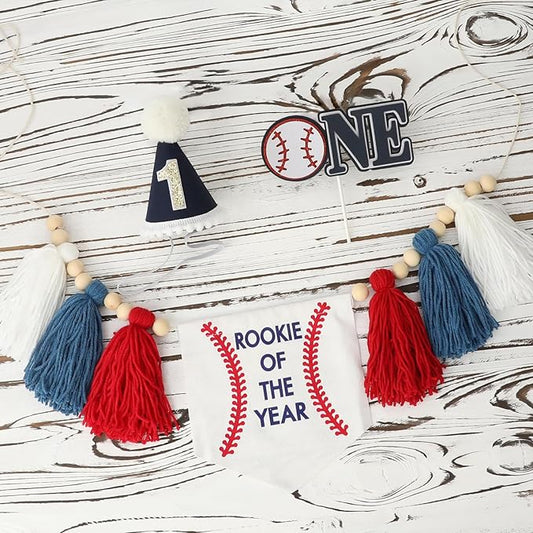 Baseball Banner 1st Birthday Decoration Rookie of The Year High Chair Banner for Boy Crown Baseball One Cake Topper First Birthday Party Decorations