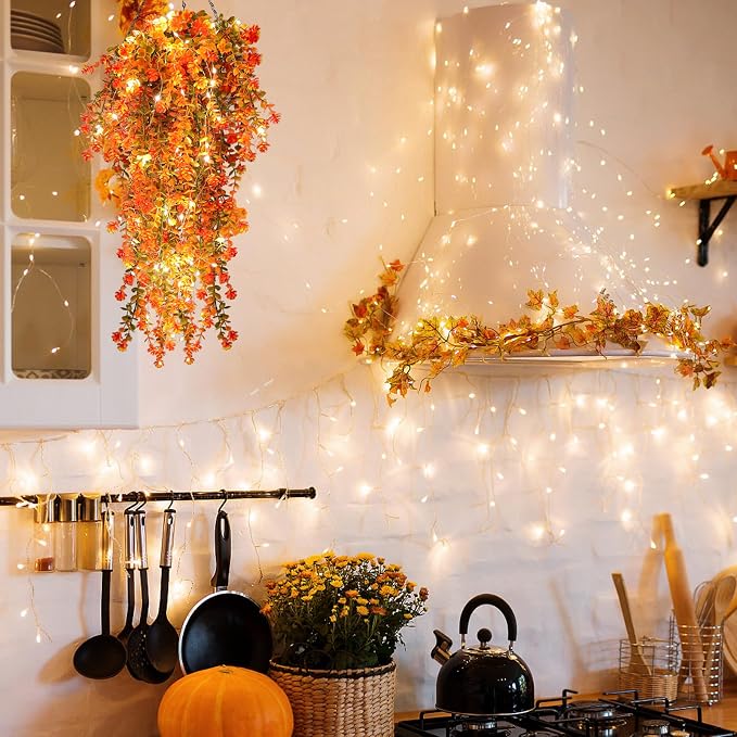 RECUTMS Fall Artificial Flowers - Faux Hanging Plants with Lights for Thanksgiving Indoor/Outdoor Wedding & Garden Party (Salmon)
