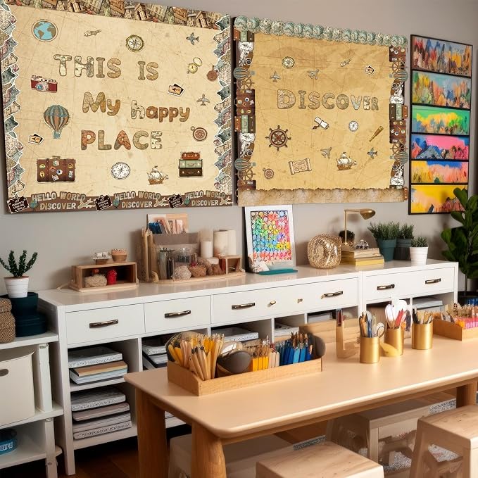 Kosiz World Map Bulletin Board Decoration Set 118 ft Scalloped Bulletin Board Borders Classroom Poster Border Trim with 257 Pcs Letter Number Symbol Cutout for School Decor